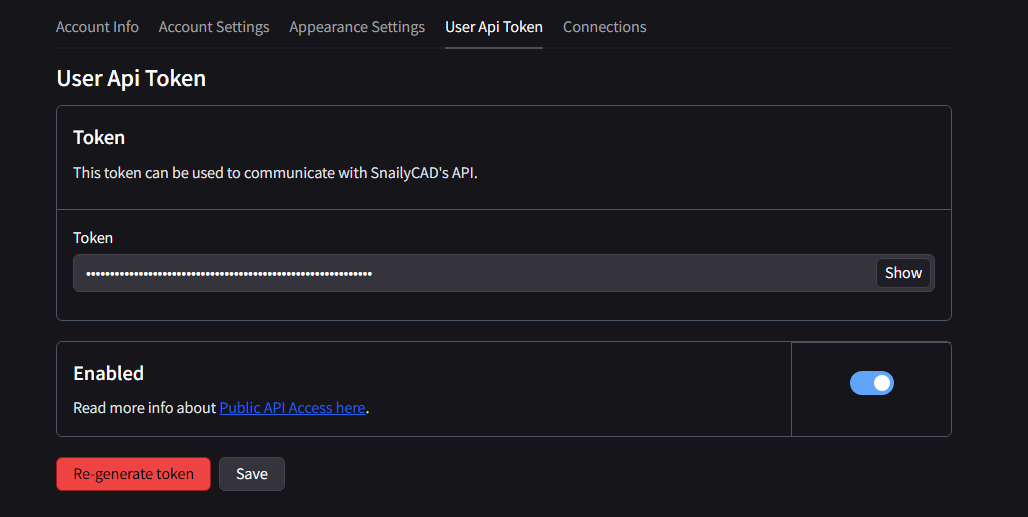 User API Token Page