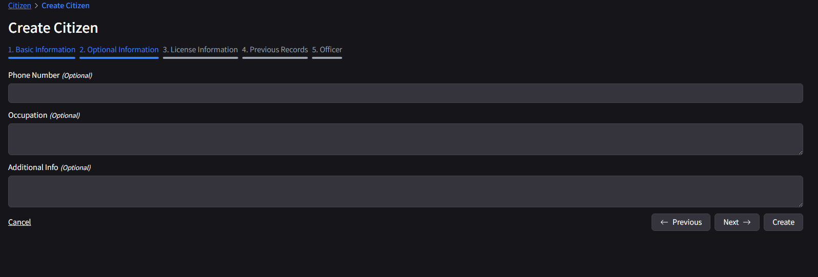 Create Citizen - Optional Info